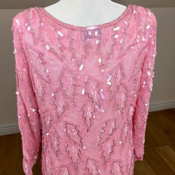 Vintage 80’s Silk Sequin Midi Shift Dress Long Sleeve Cocktail Dress - Picture 10 of 12